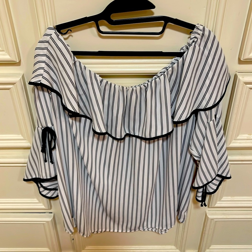 Black and white striped off the shoulder blouse